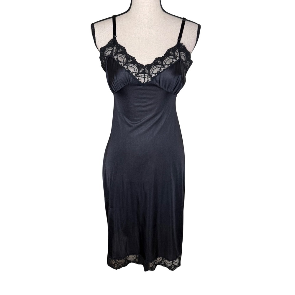 Vintage Slip Dress Black Satin and Lace 60's/70's Union Label Sz S (34) Coquette